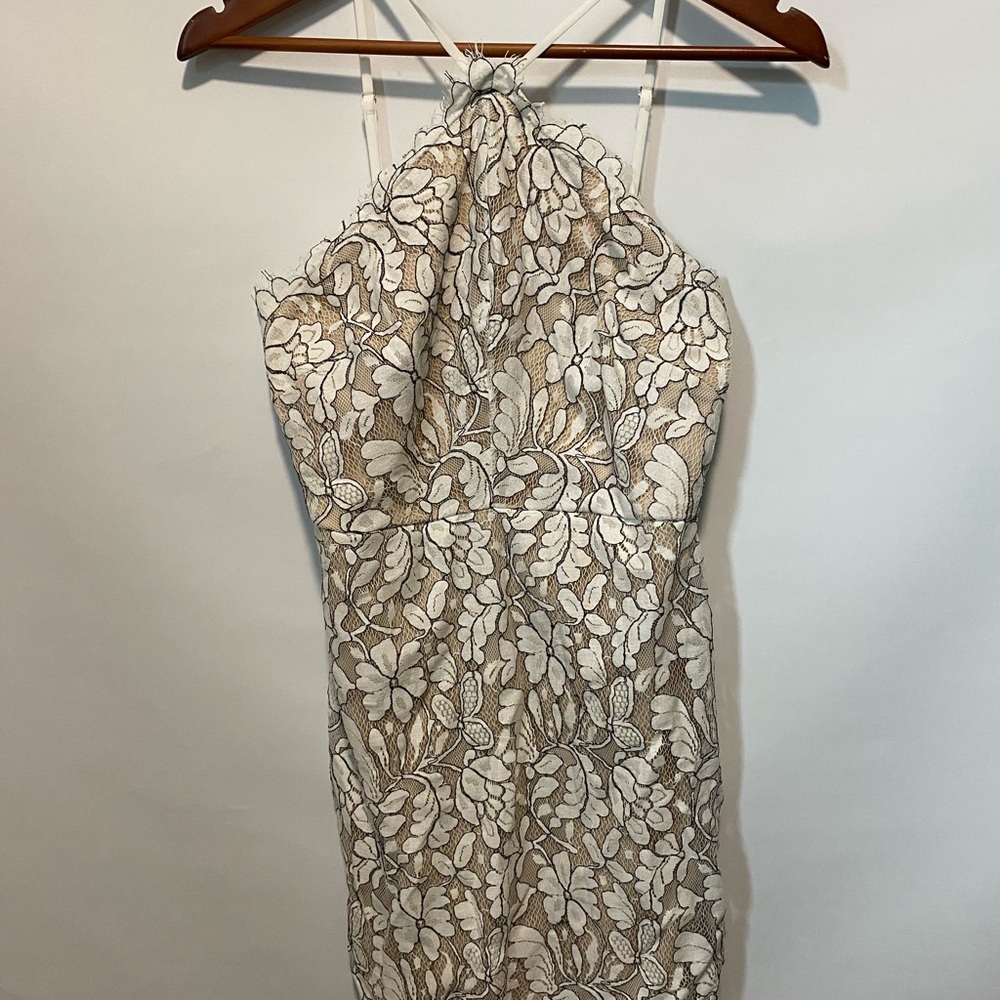 Lulu's Tan and White Lace Backless Dress